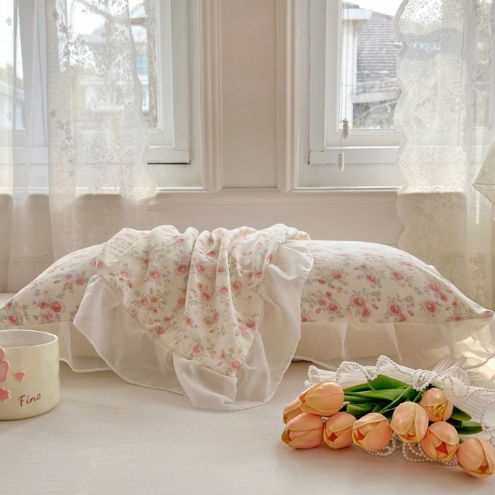 91家纺网 家纺一手货源 找家纺 梦舒羽  2025新款针织棉双层纱花边枕头套双人枕套枕芯套宿舍单人枕头内胆套 花边款-情迷花海