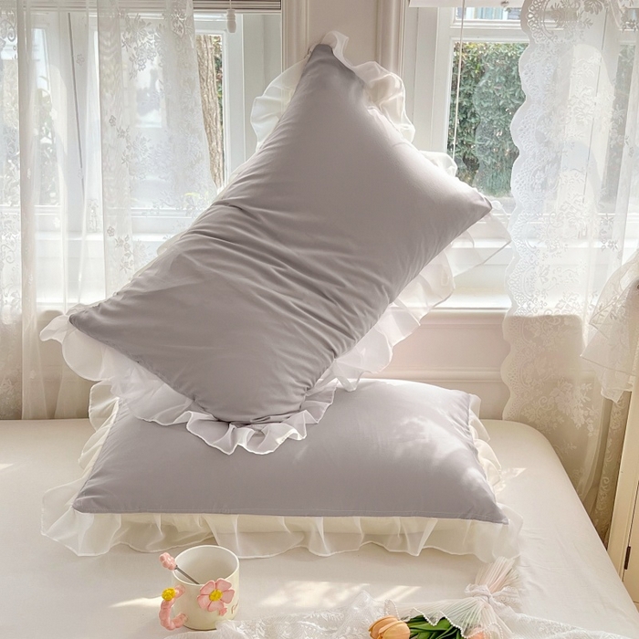 91家纺网 家纺一手货源 找家纺 梦舒羽  2025新款针织棉双层纱花边枕头套双人枕套枕芯套宿舍单人枕头内胆套 花边款-浅灰