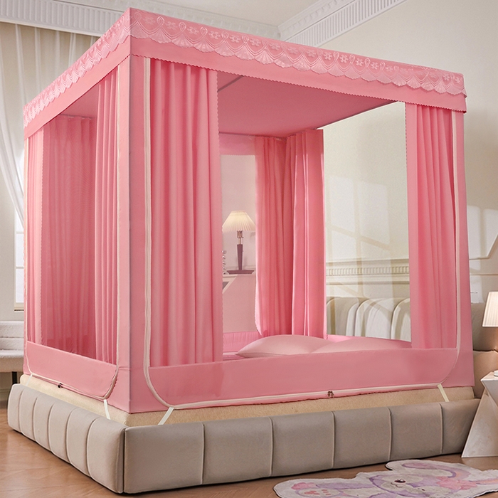 91家纺网 家纺一手货源 找家纺 显高蚊帐 2025新款U型坐床遮光防尘床帘式蚊帐 樱花粉