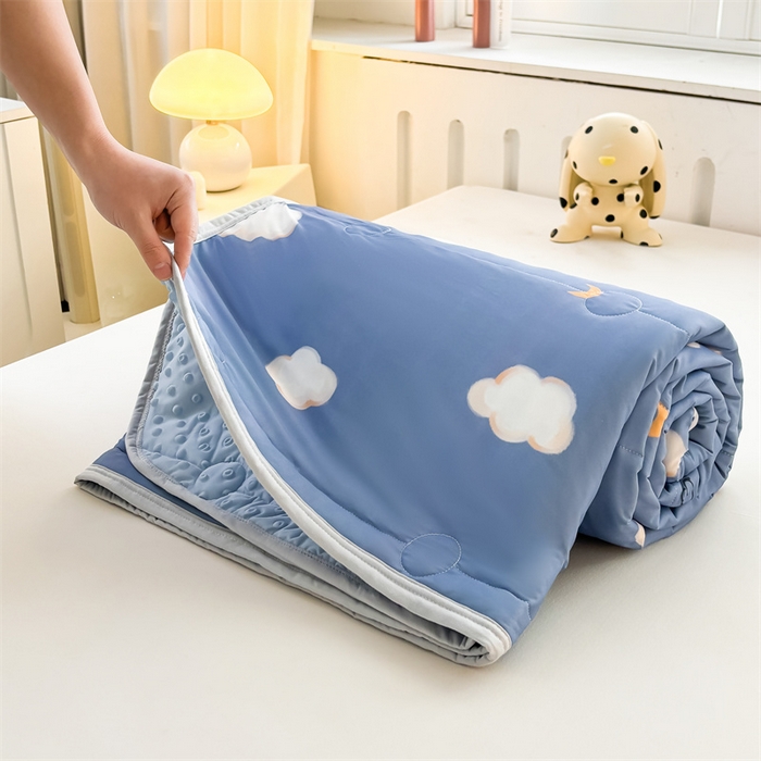 91家纺网 家纺一手货源 找家纺 雯豆2025春夏新款凉感丝夏被空调被子印花A类卡通小清新夏被 冰丝夏被四件套-天空云