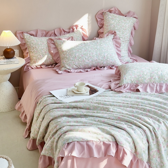 91家纺网 家纺一手货源 找家纺 梦莱斯2025新款针织棉夏被四件套 浅梦