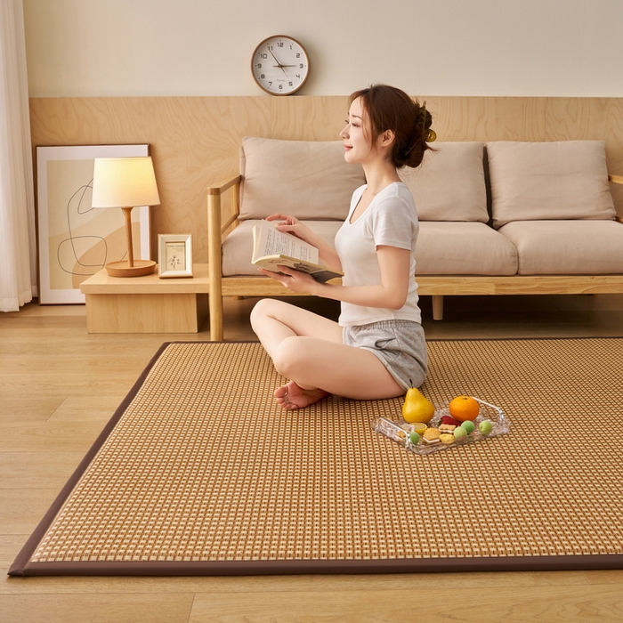 91家纺网 家纺一手货源 找家纺 艺博床垫 2025新款竹藤席地垫 玉米格-咖