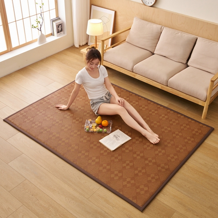 91家纺网 家纺一手货源 找家纺 艺博床垫 2025新款竹藤席地垫 九宫格-棕