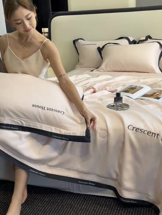 91家纺网 家纺一手货源 找家纺 笙意家纺 2025新款水洗冰丝夏被四件套-卡瑞娜系列 奶油粉