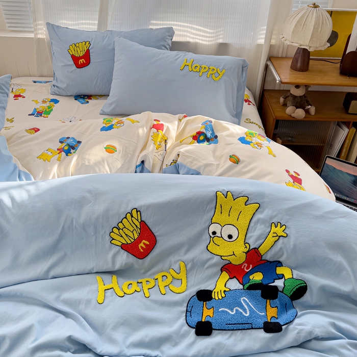 91家纺网 家纺一手货源 找家纺 罗亿家纺 2025新款云朵棉可爱毛巾绣系列四件套 调皮辛普森