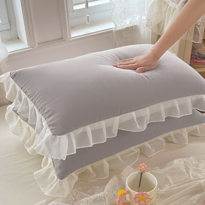 91家纺网 家纺一手货源 找家纺 梦舒羽  2025新款针织棉双层纱花边枕头套双人枕套枕芯套宿舍单人枕头内胆套 花边款-浅灰