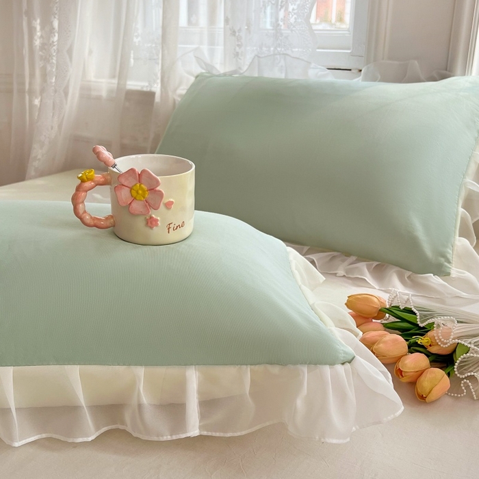 91家纺网 家纺一手货源 找家纺 梦舒羽  2025新款针织棉双层纱花边枕头套双人枕套枕芯套宿舍单人枕头内胆套 花边款-浅清绿