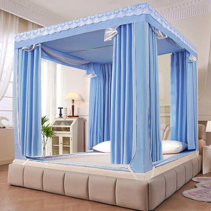 91家纺网 家纺一手货源 找家纺 显高蚊帐 2025新款U型坐床遮光防尘床帘式蚊帐 时尚蓝