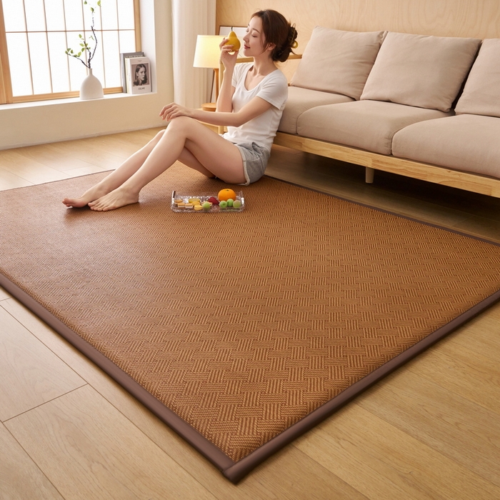 91家纺网 家纺一手货源 找家纺 艺博床垫 2025新款竹藤席地垫 饼干花-棕