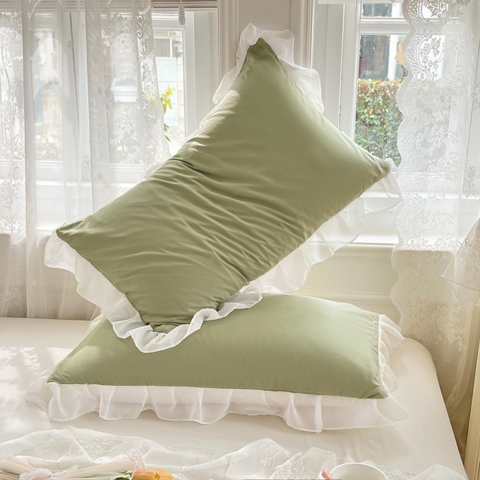 91家纺网 家纺一手货源 找家纺 梦舒羽  2025新款针织棉双层纱花边枕头套双人枕套枕芯套宿舍单人枕头内胆套 花边款-豆绿