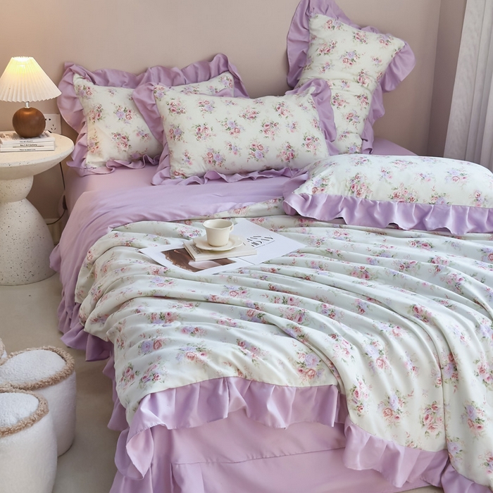 91家纺网 家纺一手货源 找家纺 梦莱斯2025新款针织棉夏被四件套 紫色迷迷