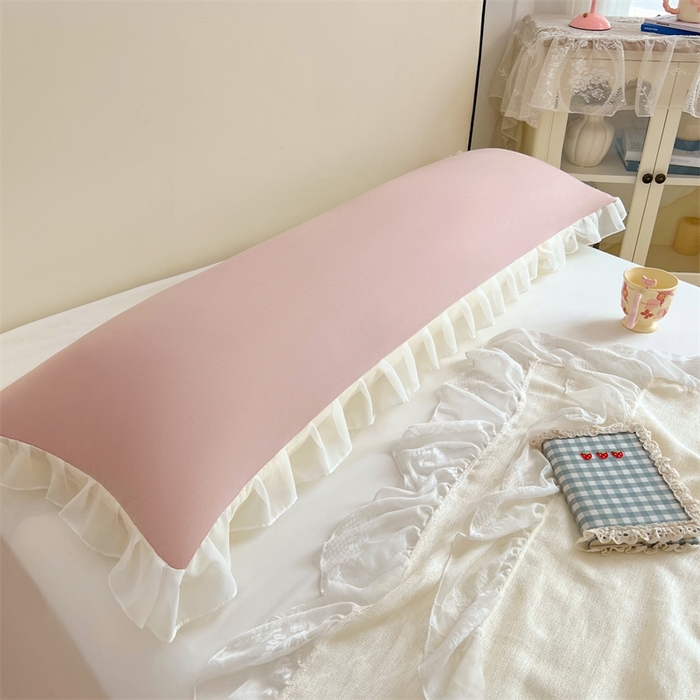 91家纺网 家纺一手货源 找家纺 梦舒羽2025新款针织棉双层纱花边枕头套情侣双人枕套枕芯套枕头内胆套 花边款-浅粉