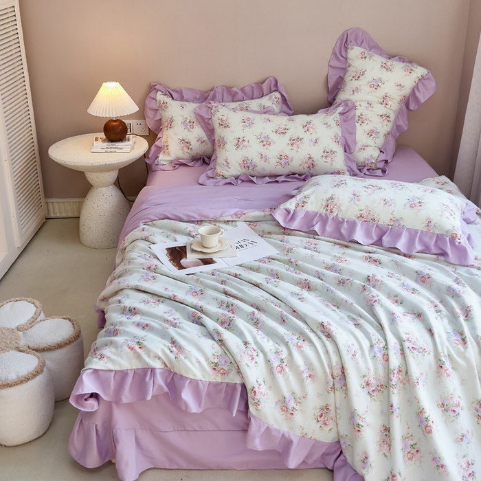 91家纺网 家纺一手货源 找家纺 梦莱斯2025新款针织棉夏被四件套 紫色迷迷