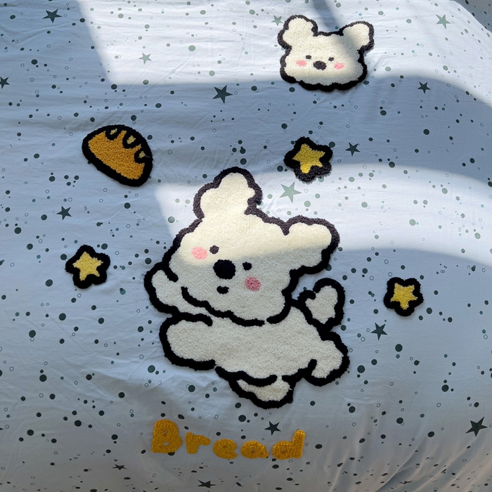 91家纺网 家纺一手货源 找家纺 罗亿家纺 2025新款云朵棉可爱毛巾绣系列四件套 星空线条狗