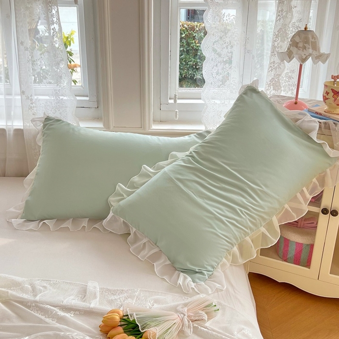 91家纺网 家纺一手货源 找家纺 梦舒羽  2025新款针织棉双层纱花边枕头套双人枕套枕芯套宿舍单人枕头内胆套 花边款-浅清绿