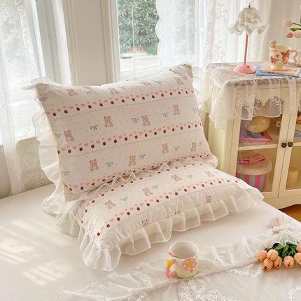 梦舒羽  2025新款针织棉双层纱花边枕头套双人枕套枕芯套宿舍单人枕头内胆套 花边款-草莓熊宝