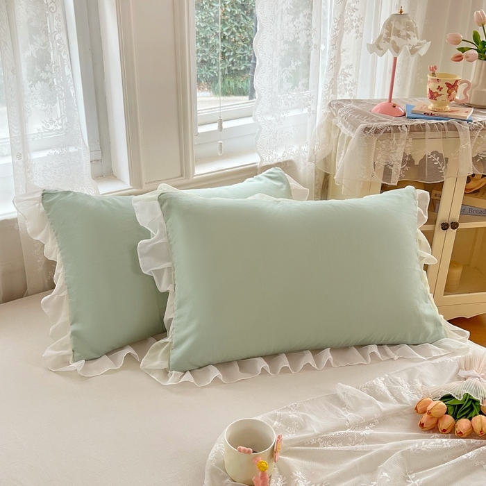 91家纺网 家纺一手货源 找家纺 梦舒羽  2025新款针织棉双层纱花边枕头套双人枕套枕芯套宿舍单人枕头内胆套 花边款-浅清绿