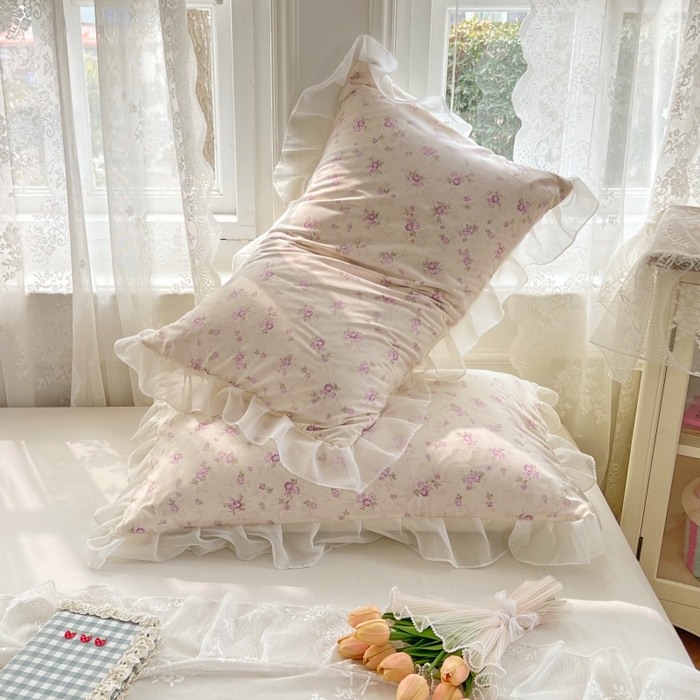 91家纺网 家纺一手货源 找家纺 梦舒羽  2025新款针织棉双层纱花边枕头套双人枕套枕芯套宿舍单人枕头内胆套 花边款-花朝如约