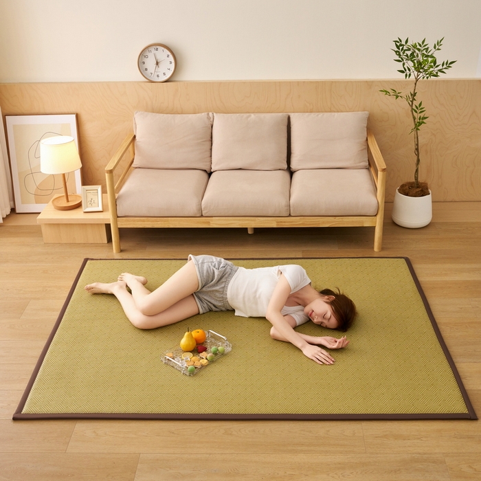 91家纺网 家纺一手货源 找家纺 艺博床垫 2025新款竹藤席地垫 饼干花-绿