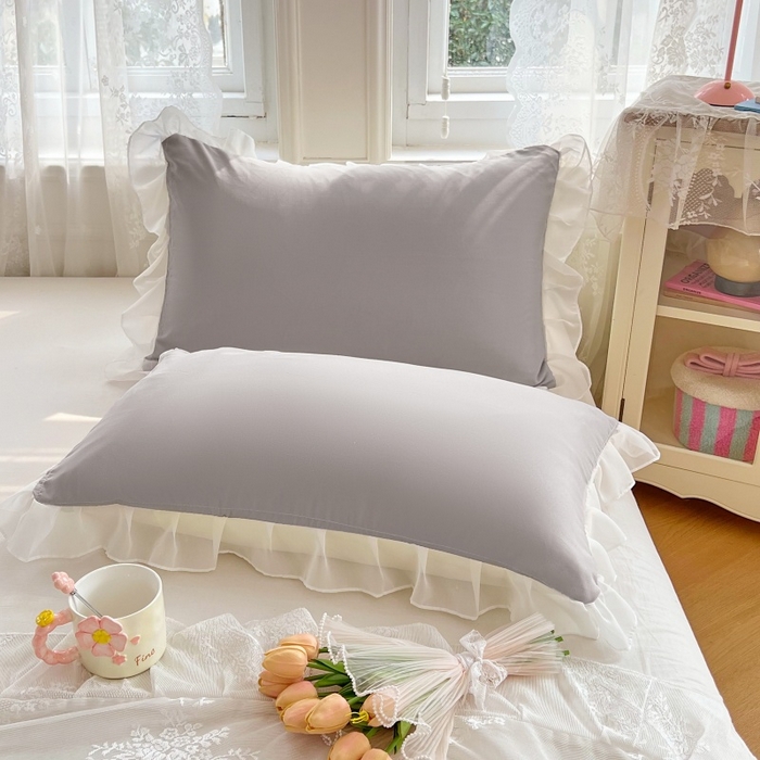 91家纺网 家纺一手货源 找家纺 梦舒羽  2025新款针织棉双层纱花边枕头套双人枕套枕芯套宿舍单人枕头内胆套 花边款-浅灰
