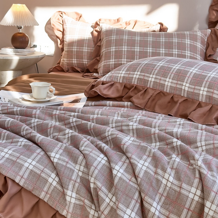 91家纺网 家纺一手货源 找家纺 梦莱斯2025新款针织棉夏被四件套 苏格兰