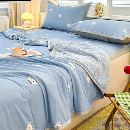 雯豆2025春夏新款凉感丝夏被空调被子印花A类卡通小清新夏被 冰丝夏被四件套-可爱点点