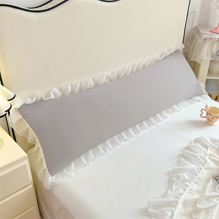 91家纺网 家纺一手货源 找家纺 梦舒羽2025新款针织棉双层纱花边枕头套情侣双人枕套枕芯套枕头内胆套 花边款-浅灰