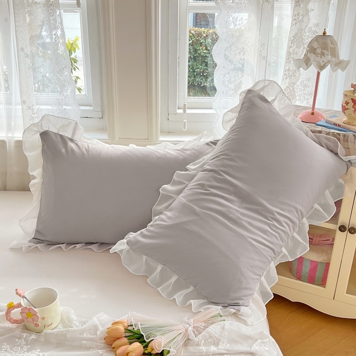 91家纺网 家纺一手货源 找家纺 梦舒羽  2025新款针织棉双层纱花边枕头套双人枕套枕芯套宿舍单人枕头内胆套 花边款-浅灰