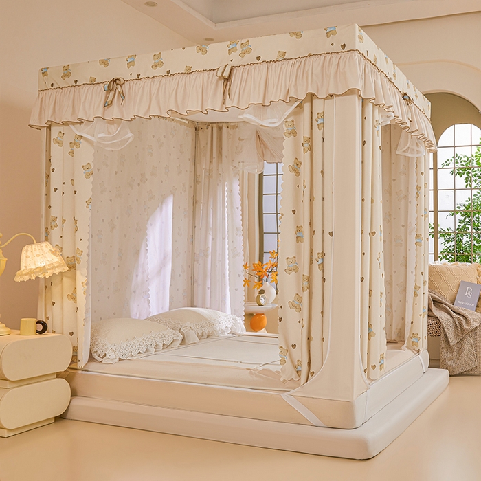 91家纺网 家纺一手货源 找家纺 锦逸家居 2025新款花边防摔坐床蚊帐 抱抱熊（不带遮光帘）