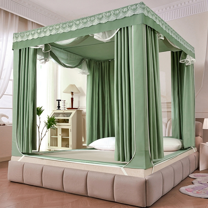 91家纺网 家纺一手货源 找家纺 显高蚊帐 2025新款U型坐床遮光防尘床帘式蚊帐 抹茶绿