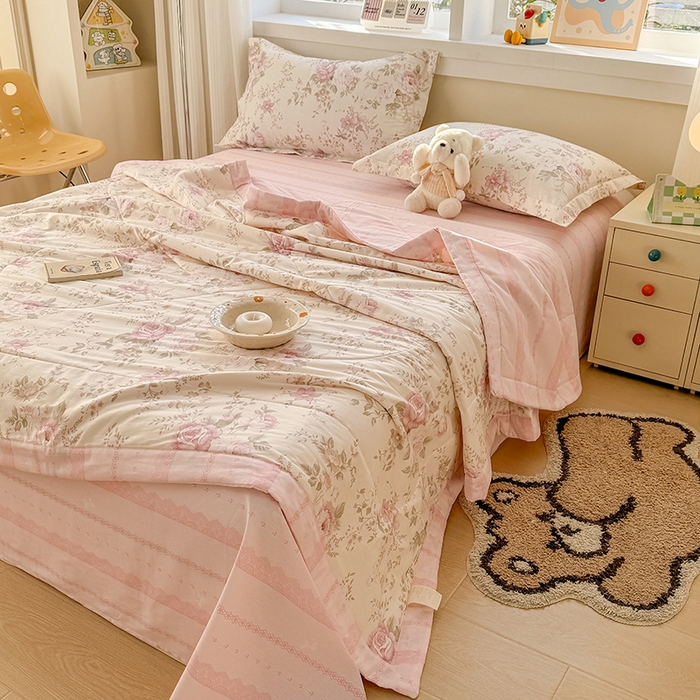 91家纺网 家纺一手货源 找家纺 梦依依 2025新款小清新印花系列里外全棉棉花被夏被四件套 华庭庄园-米