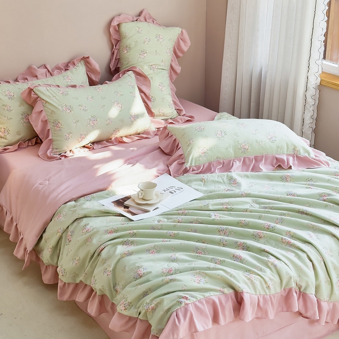 91家纺网 家纺一手货源 找家纺 梦莱斯2025新款针织棉夏被四件套 粉绿色彩