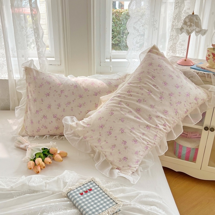 91家纺网 家纺一手货源 找家纺 梦舒羽  2025新款针织棉双层纱花边枕头套双人枕套枕芯套宿舍单人枕头内胆套 花边款-花朝如约