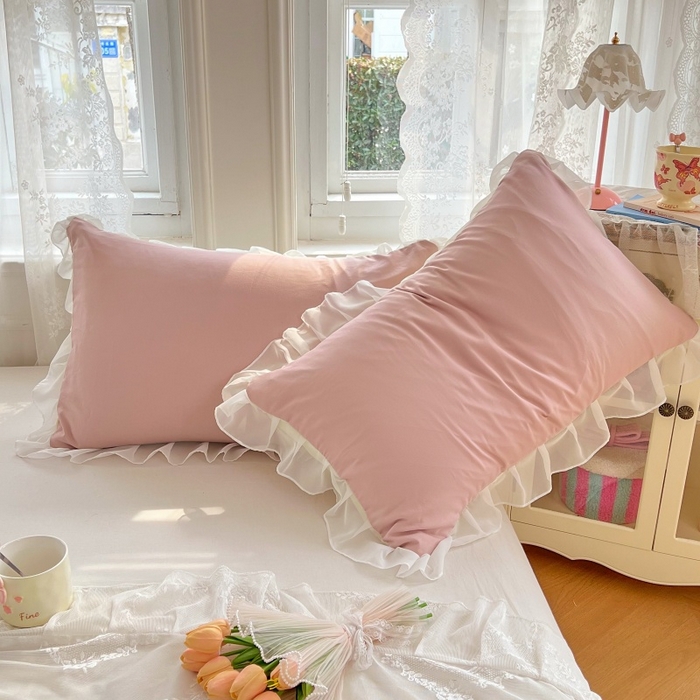 91家纺网 家纺一手货源 找家纺 梦舒羽  2025新款针织棉双层纱花边枕头套双人枕套枕芯套宿舍单人枕头内胆套 花边款-浅粉