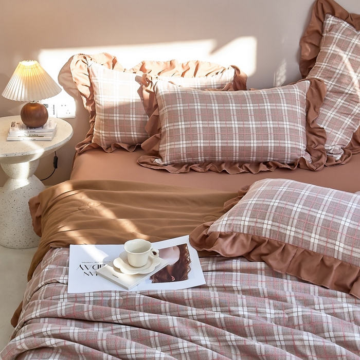 91家纺网 家纺一手货源 找家纺 梦莱斯2025新款针织棉夏被四件套 苏格兰