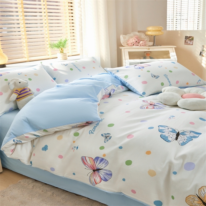 91家纺网 家纺一手货源 找家纺 梦舒羽2025新款全棉小清新印花加厚宿舍床单床裙款四件套 藏蝶舞-全棉