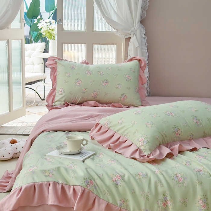 91家纺网 家纺一手货源 找家纺 梦莱斯2025新款针织棉夏被四件套 粉绿色彩