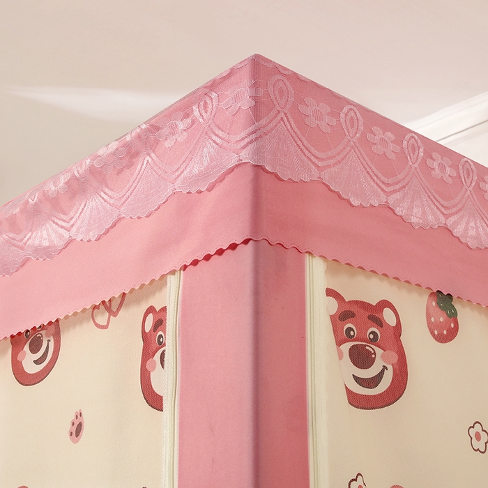 91家纺网 家纺一手货源 找家纺 显高蚊帐 2025新款U型坐床遮光防尘床帘式蚊帐 草莓熊