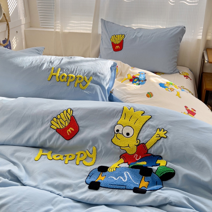 91家纺网 家纺一手货源 找家纺 罗亿家纺 2025新款云朵棉可爱毛巾绣系列四件套 调皮辛普森