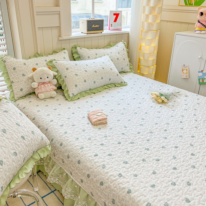 91家纺网 家纺一手货源 找家纺 雅眠居 2025爆款针织棉双层纱印花床盖四件套 爱心绿