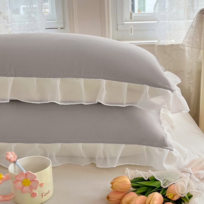 91家纺网 家纺一手货源 找家纺 梦舒羽  2025新款针织棉双层纱花边枕头套双人枕套枕芯套宿舍单人枕头内胆套 花边款-浅灰