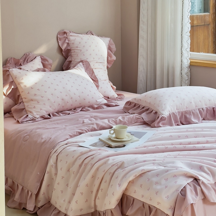 91家纺网 家纺一手货源 找家纺 梦莱斯2025新款针织棉夏被四件套 小蝴蝶结