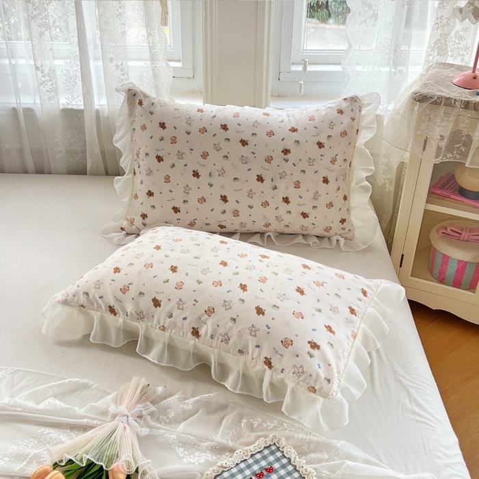 91家纺网 家纺一手货源 找家纺 梦舒羽  2025新款针织棉双层纱花边枕头套双人枕套枕芯套宿舍单人枕头内胆套 花边款-蛋糕萌犬