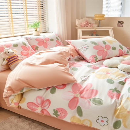 91家纺网 家纺一手货源 找家纺 （总）梦舒羽2025新款全棉小清新印花加厚宿舍床单床裙款四件套