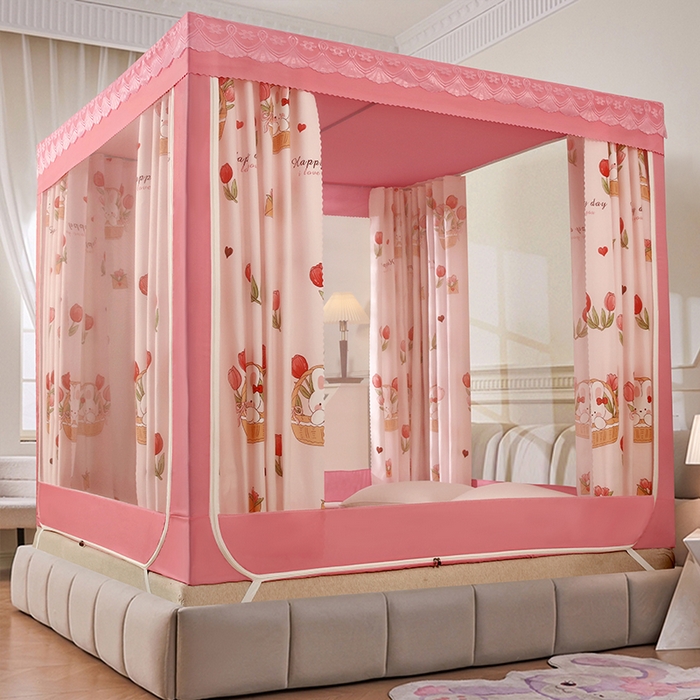 91家纺网 家纺一手货源 找家纺 显高蚊帐 2025新款U型坐床遮光防尘床帘式蚊帐 郁金香