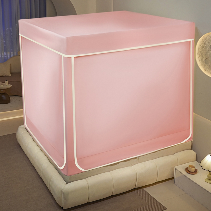 91家纺网 家纺一手货源 找家纺 兆星家纺 2025新款内穿带布帘蚊帐 款式一 纯色-粉玉（不含帘）