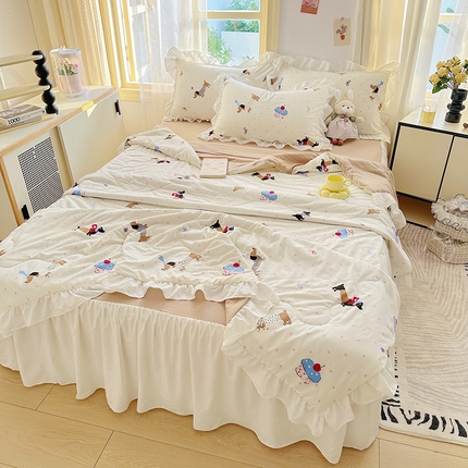 91家纺网 家纺一手货源 找家纺 （总）家贝爱 2025新款泡泡纱水洗棉花边床单/床裙款夏被四件套夏凉被