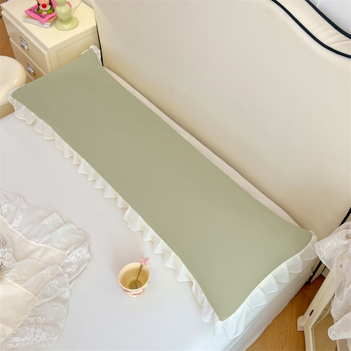 91家纺网 家纺一手货源 找家纺 梦舒羽2025新款针织棉双层纱花边枕头套情侣双人枕套枕芯套枕头内胆套 花边款-豆绿