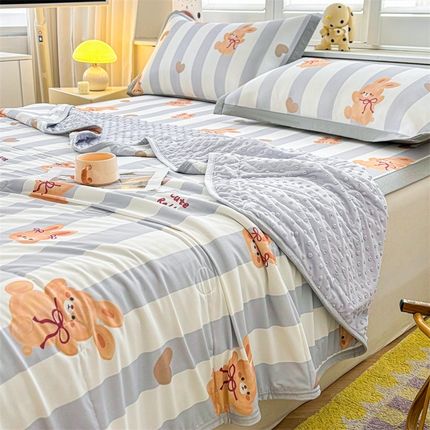 雯豆2025春夏新款凉感丝夏被空调被子印花A类卡通小清新夏被 冰丝夏被四件套-条纹兔