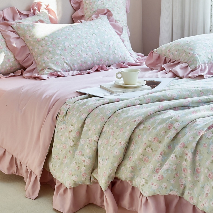 91家纺网 家纺一手货源 找家纺 梦莱斯2025新款针织棉夏被四件套 浅梦